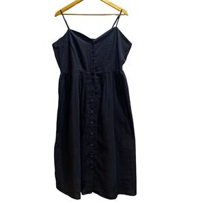 H&M Black Linen Blend Button Front Midi Dress Womens XL Smocked Back Sleeveless